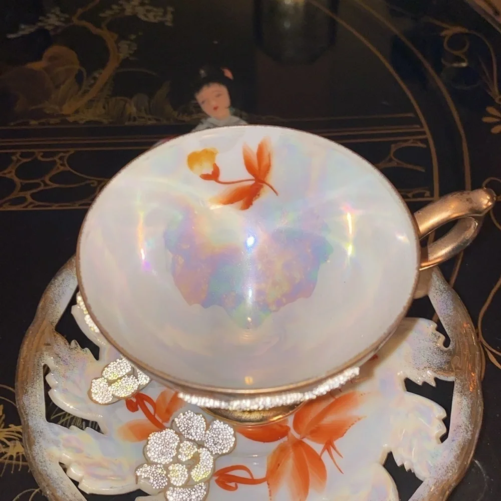 Vintage Japan Sterling China Iridescent Floral Textured Pansy Teacup & Saucer